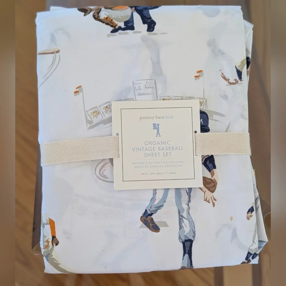 Pottery Barn Kids Vintage Baseball Organic Sheet Set - White, Navy, Tan Sz Twin - Picture 1 of 6